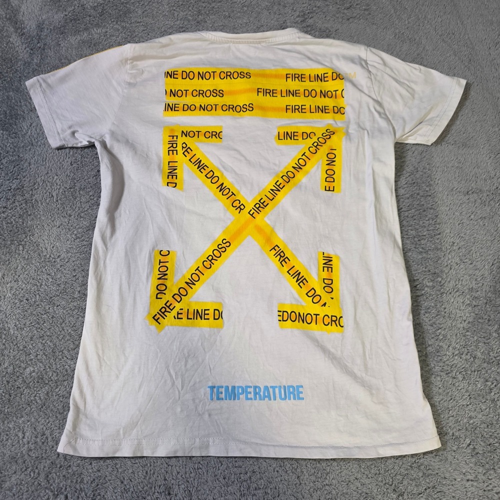 Off-White Mens S T-Shirt White Temperature Fire Line Caution Tape Arrows Graphic
